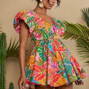 Summer Beach Woman Tropical Print Butterfly Sleeve Dress